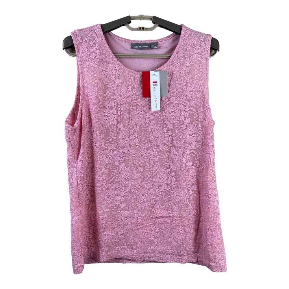 NWT CROFT & BARROW Short Waisted Soft Stretch Sleeveless Pink Shirt Top LARGE